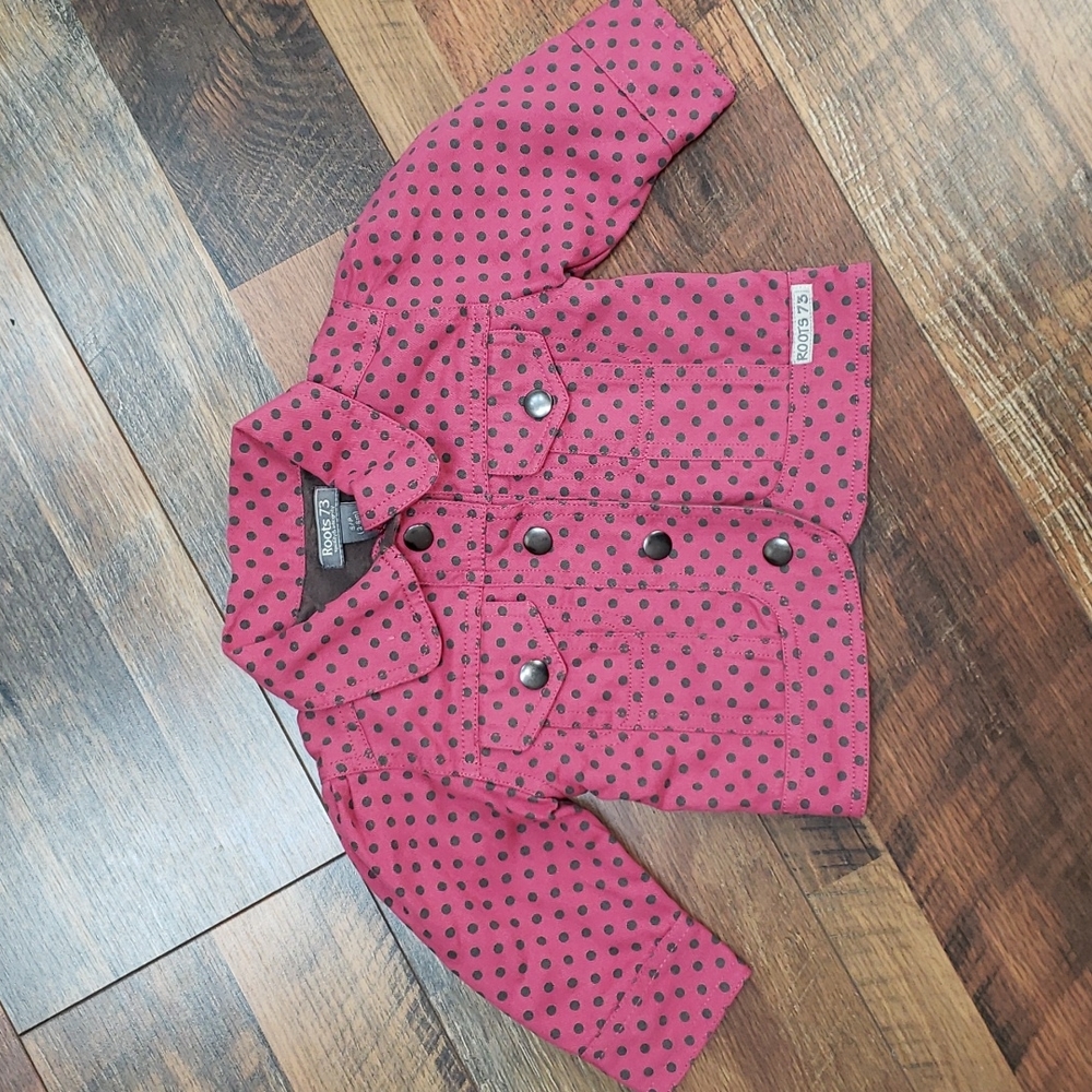 Roots 73 Pink and Gray Polka Dot Jacket with Slight Puff Sleeve, Size 3-6 Months